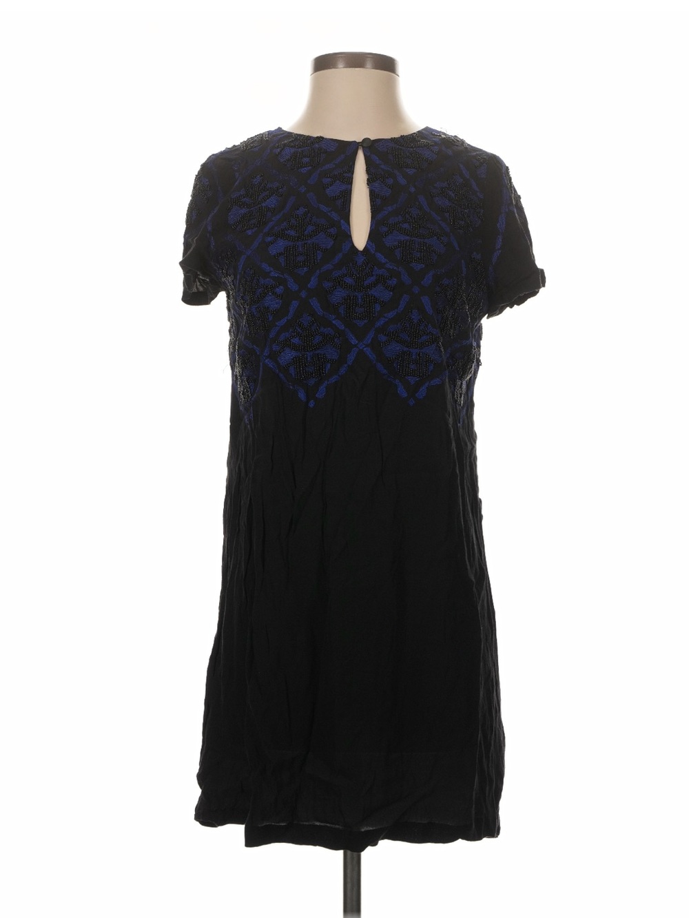 Lucky Brand Black Blue Embroidered Beaded Shift Dress